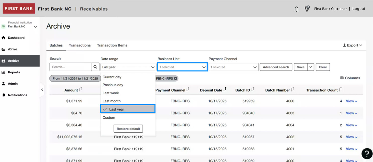 First Bank online banking screen highlighting the date range selector and Business Unit dropdown.