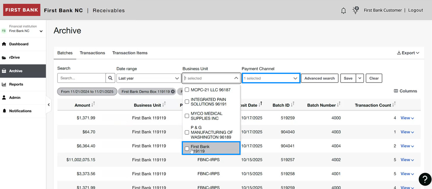 First Bank online banking screen highlighting the Business Unit dropdown and Payment Channel selector.