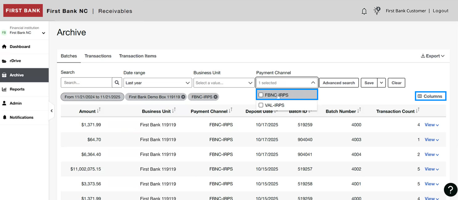 First Bank online banking screen highlighting the Payment Channel dropdown.