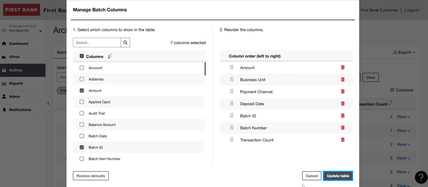 First Bank online banking screen showing the interface to manage columns.
