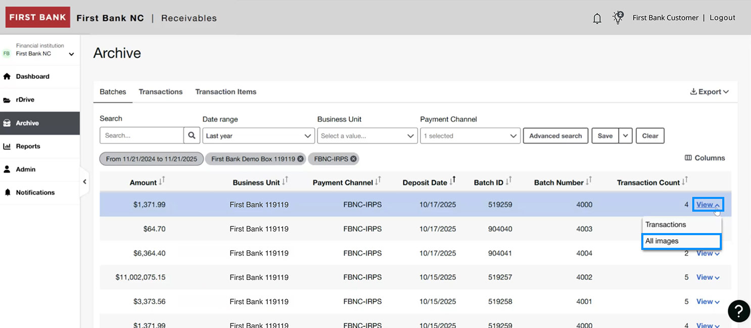 First Bank online banking screen highlighting the view button and All Images option.
