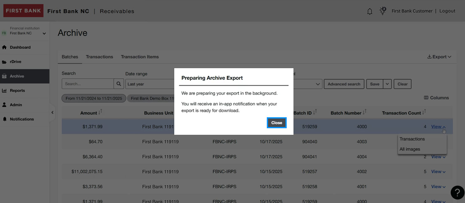 First Bank online banking screen showing the Archive preparation modal.