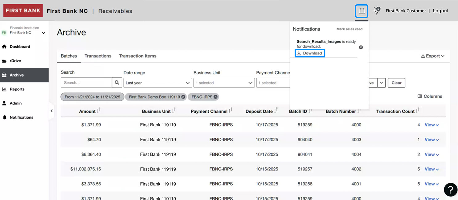 First Bank online banking screen highlighting the notification bell and download links.