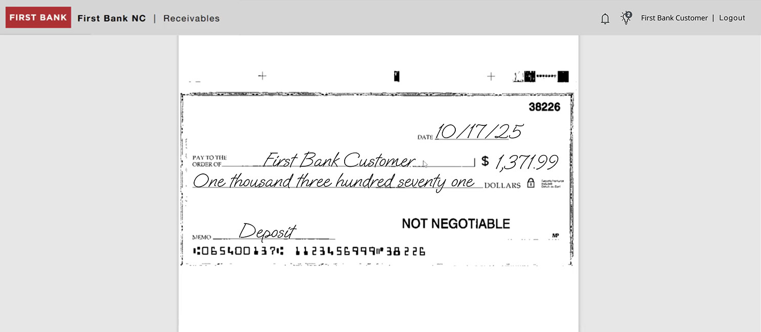 First Bank online banking screen showing an example check image.