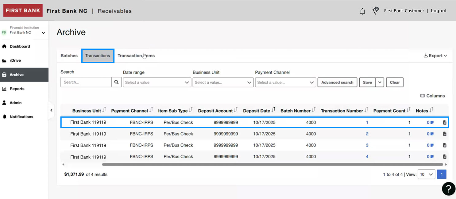 First Bank online banking screen highlighting the Transactions tab and search result rows.