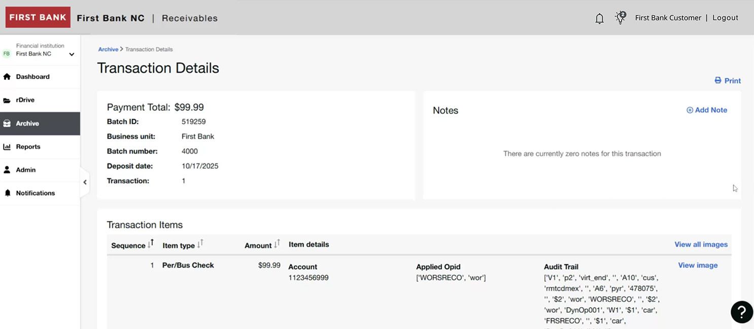 First Bank online banking screen showing the transaction details.