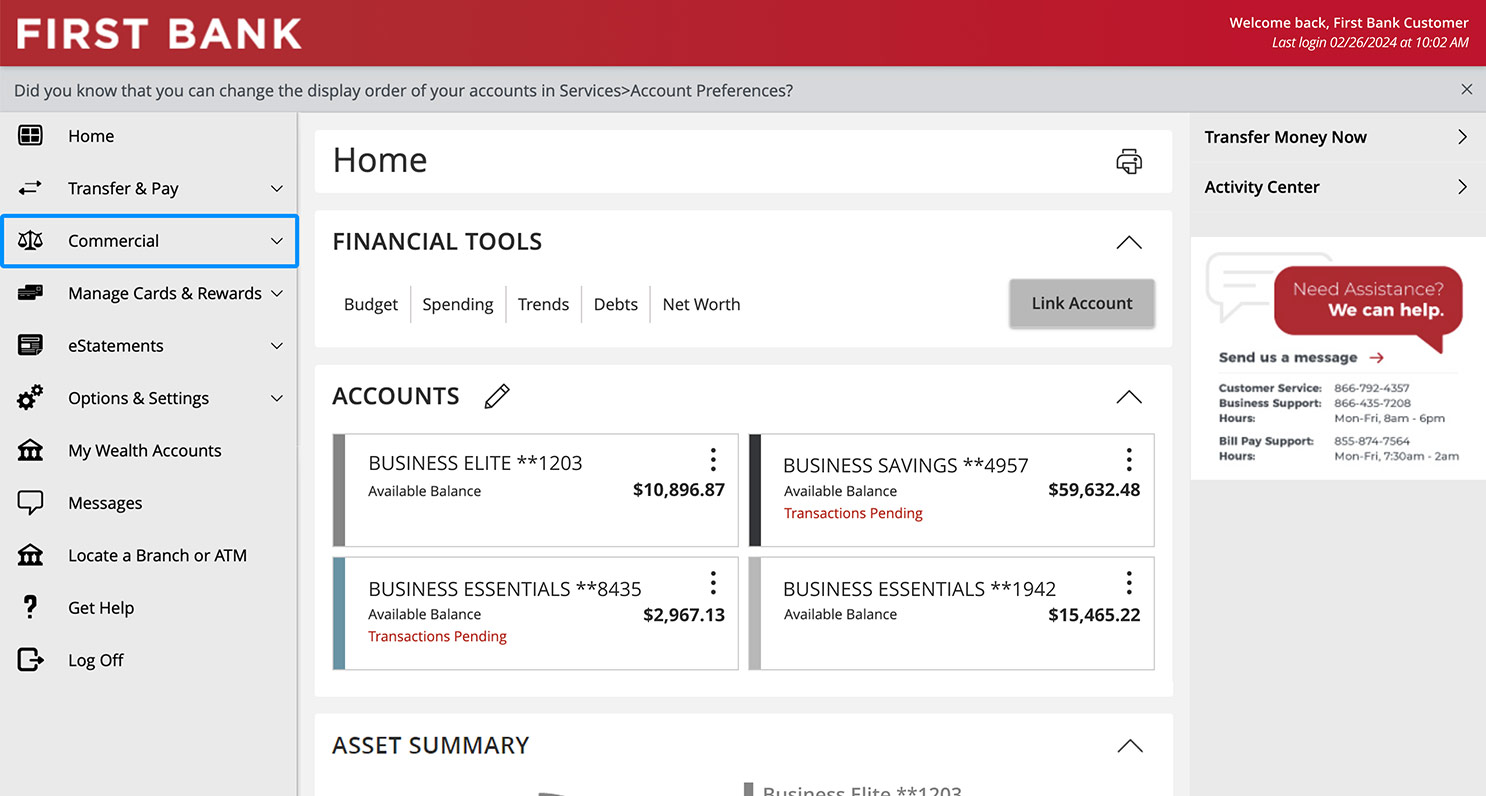 First Bank online banking screen highlighting the 