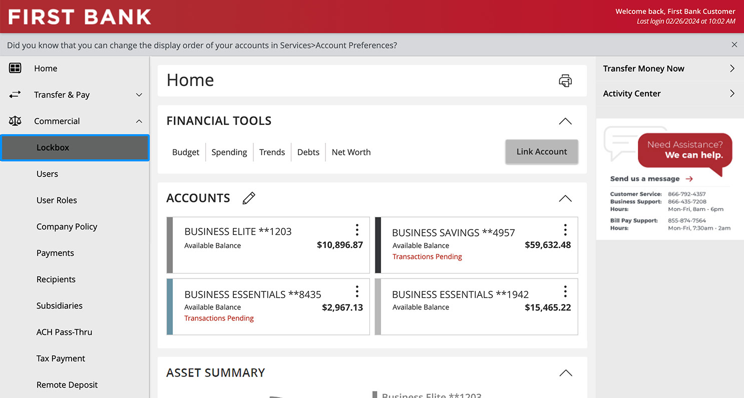 First Bank online banking screen highlighting the Lockbox menu item.