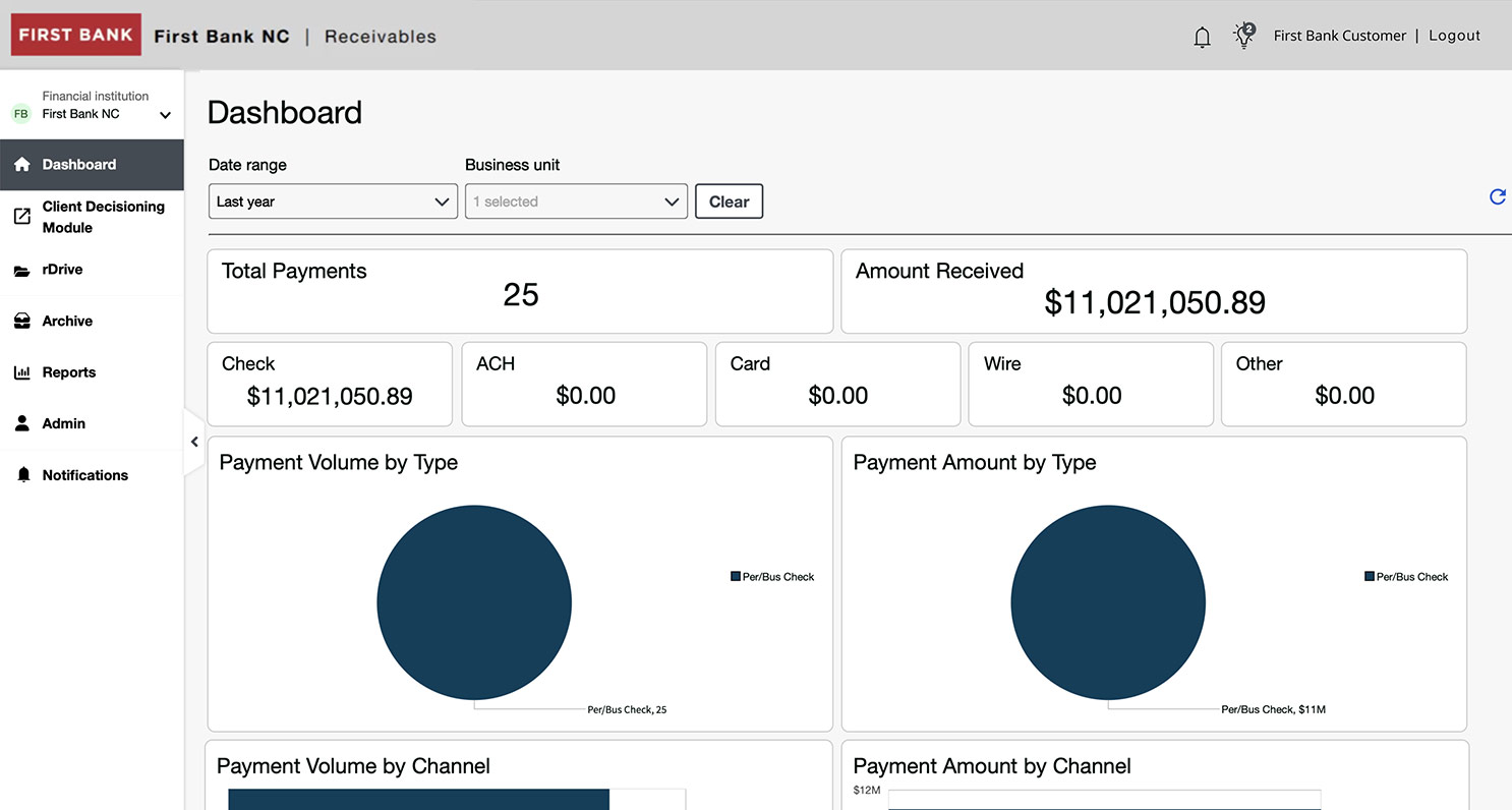 First Bank online banking screen showing the Lockbox dashboard.