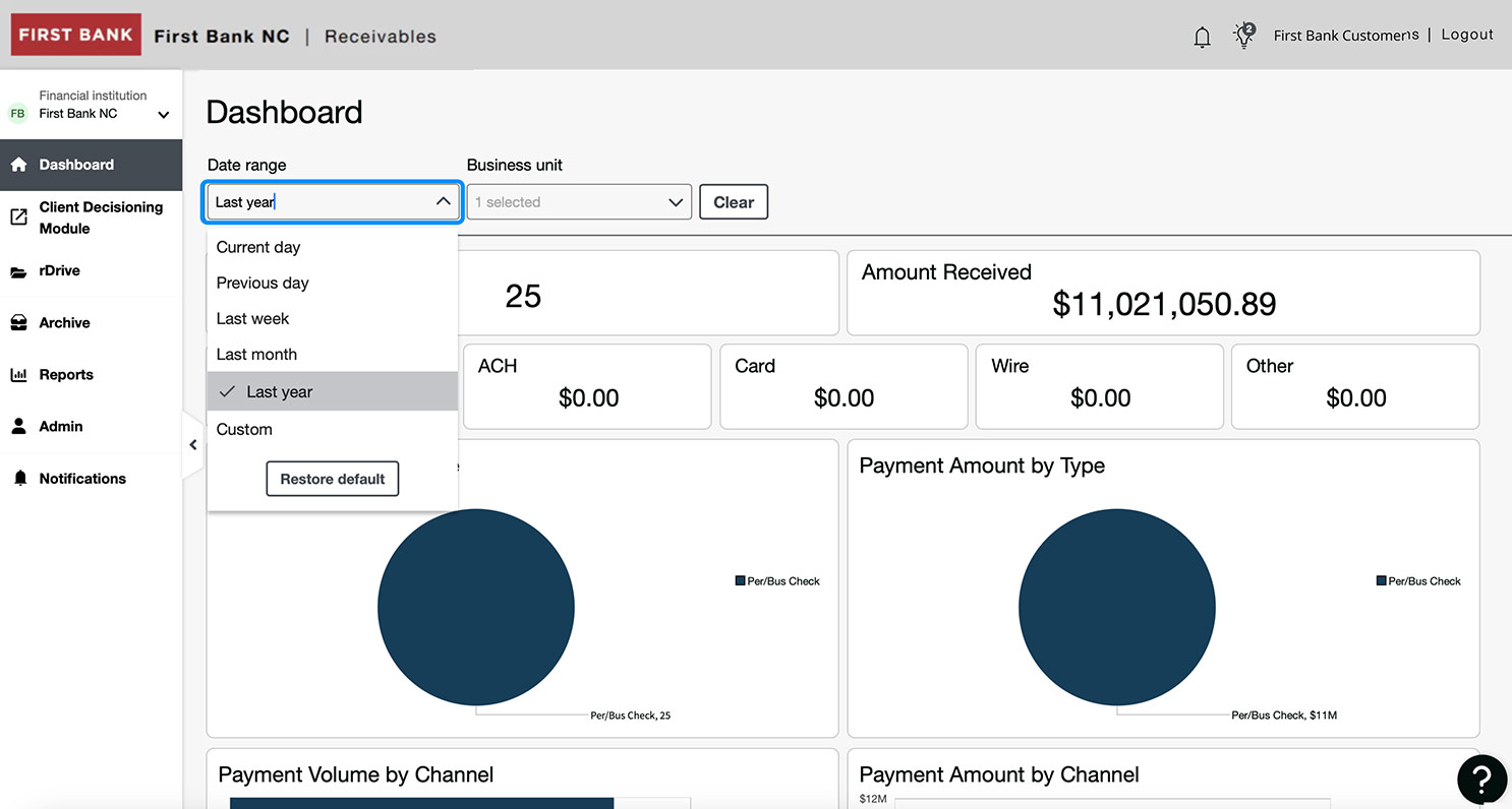 First Bank online banking screen showing the Lockbox date range selector.