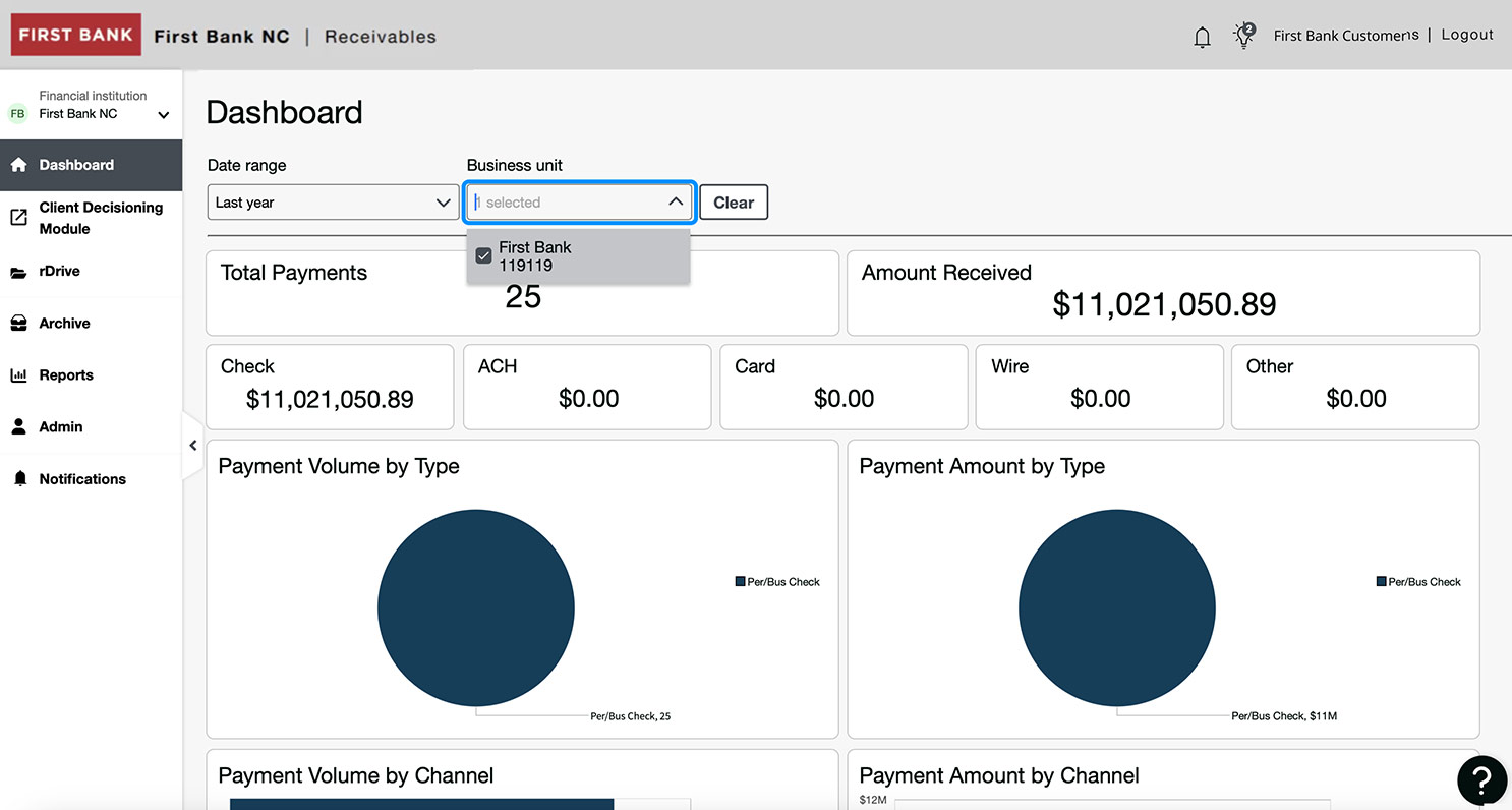 First Bank online banking screen showing the Lockbox Business unit selector.