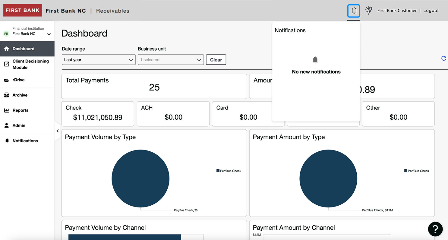 First Bank online banking screen showing the Lockbox notifications menu.