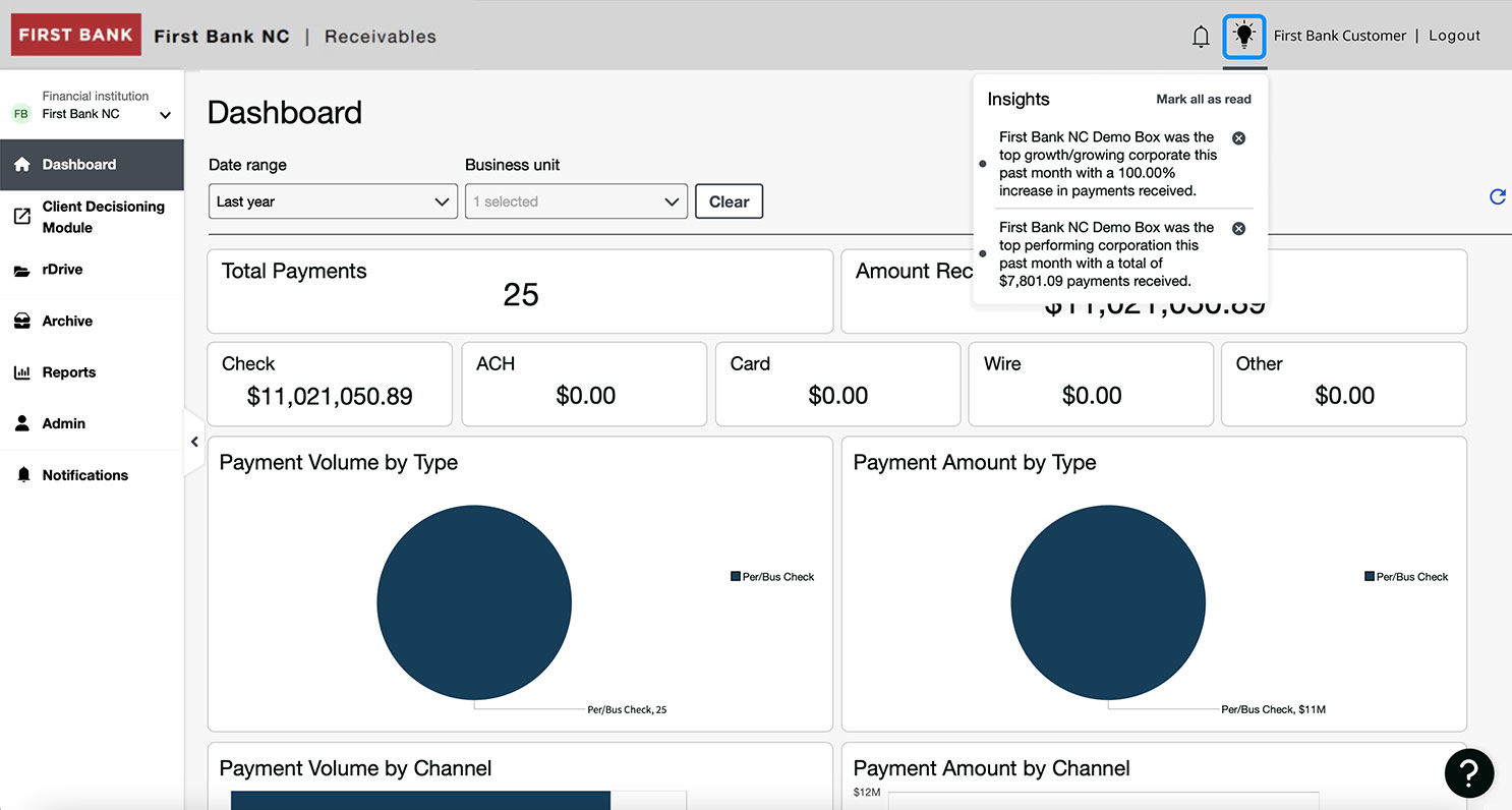 First Bank online banking screen showing the Lockbox Insights dropdown.