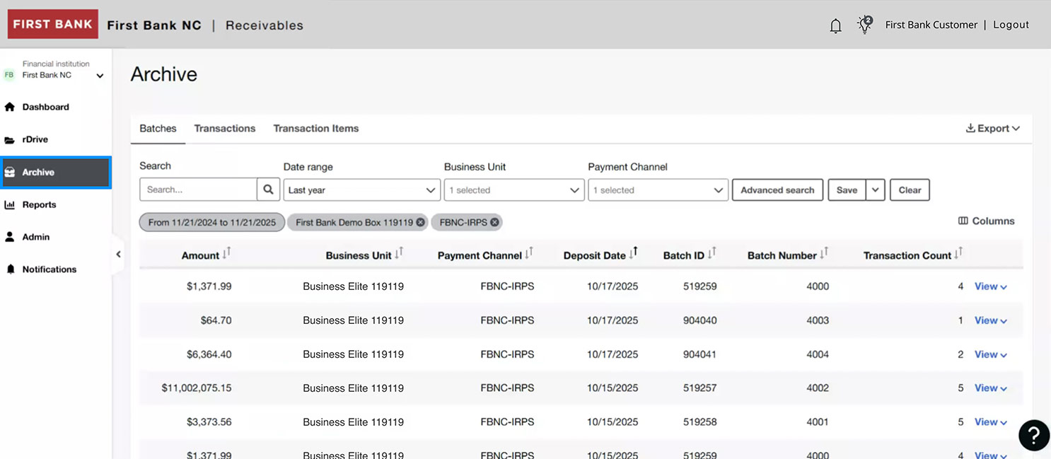 First Bank online banking screen showing the Lockbox archive.