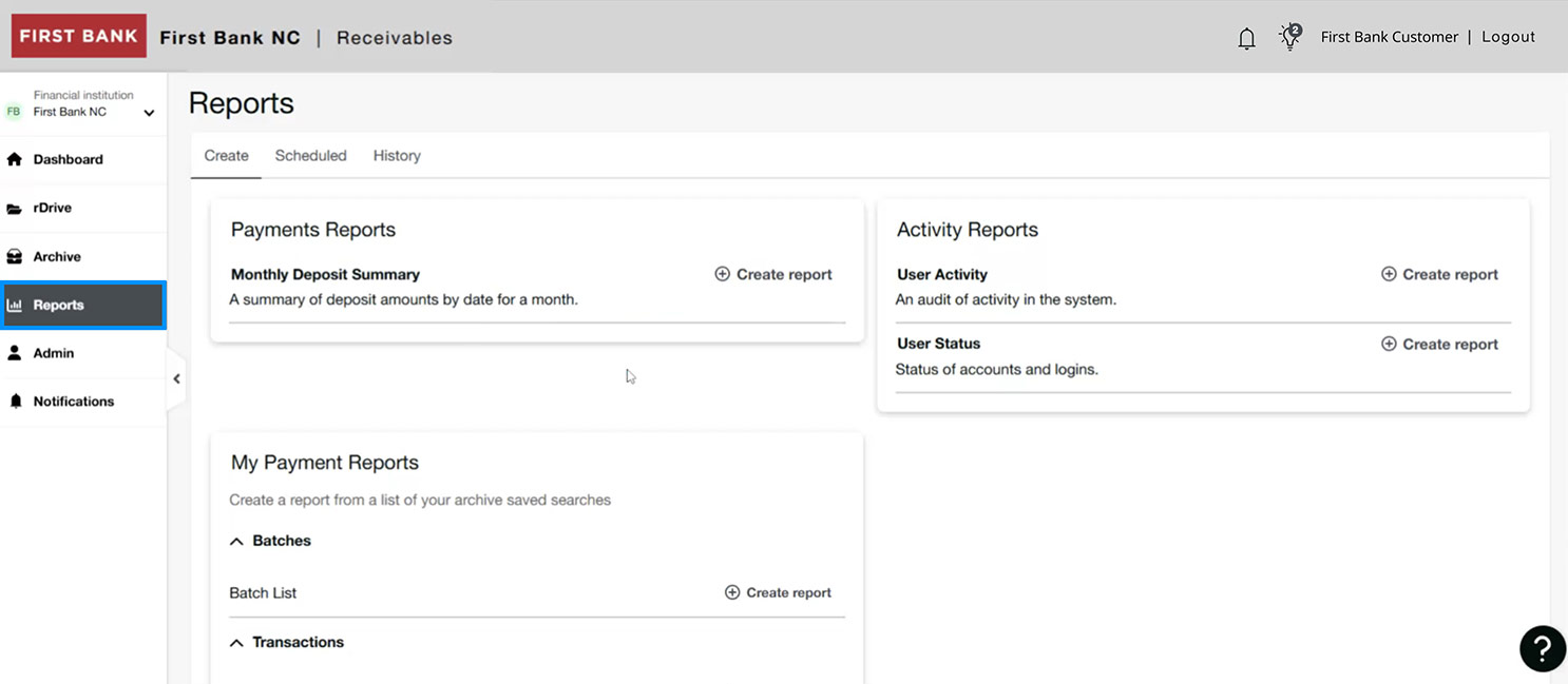 First Bank online banking screen highlighting the Reports menu item.
