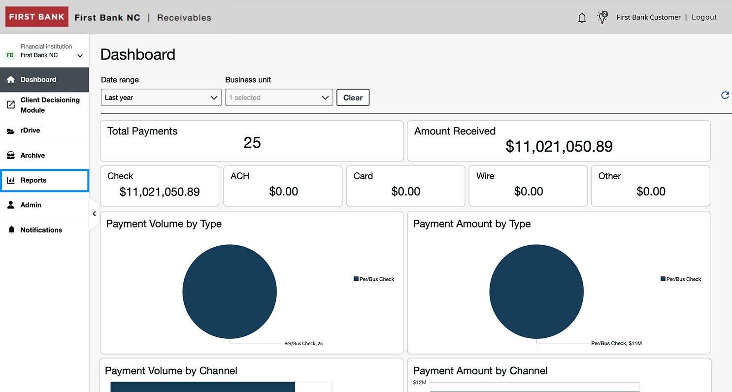 First Bank online banking screen highlighting the Reports menu item.