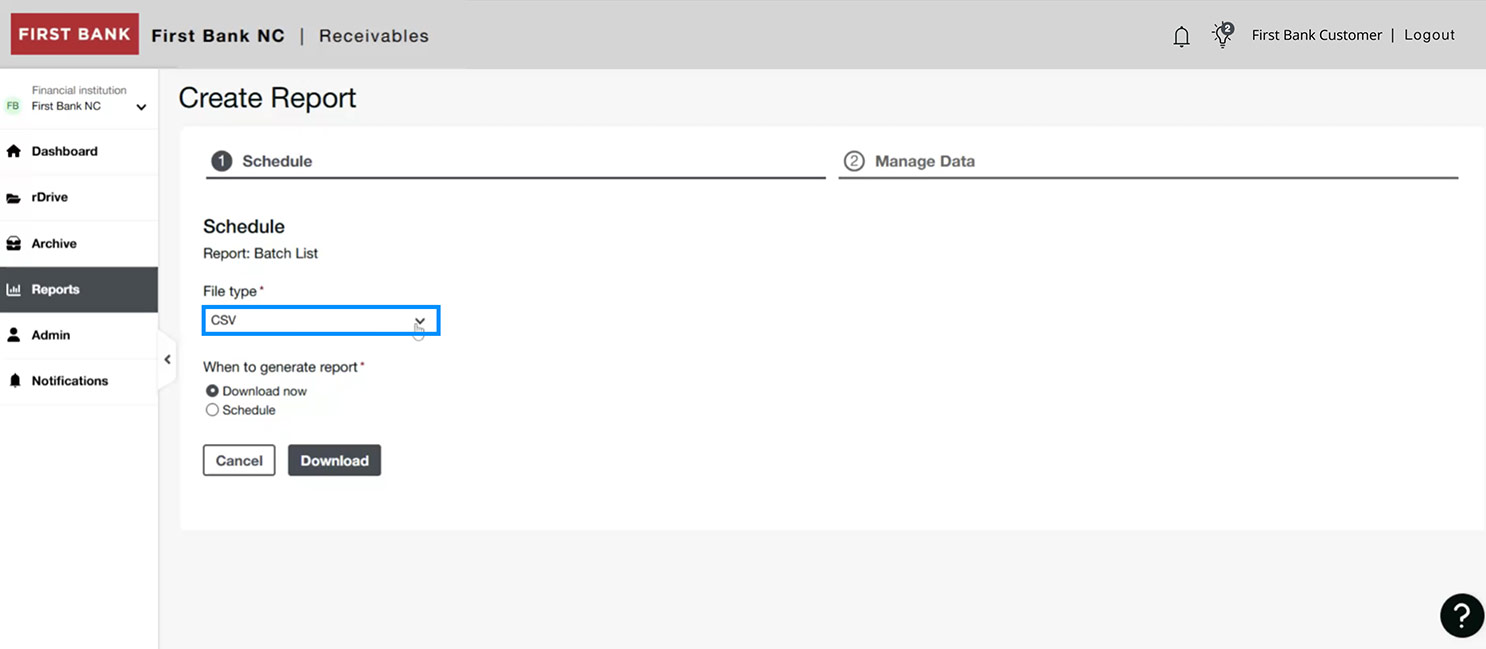 First Bank online banking screen highlighting the File type drop down.