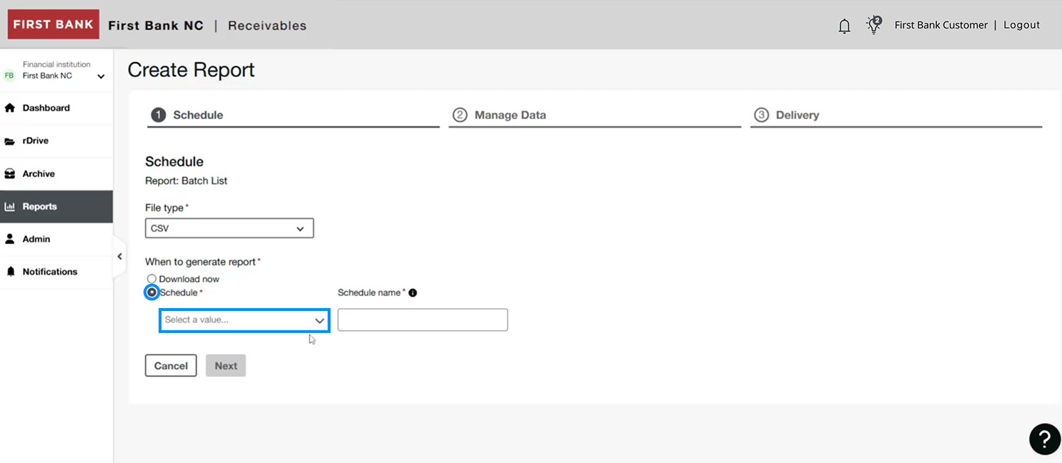 First Bank online banking screen highlighting scheduling options for reports.