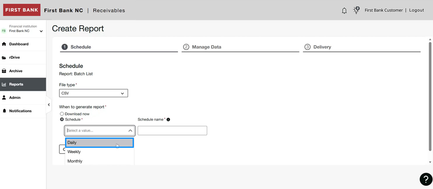 First Bank online banking screen showing the Schedule dropdown open.
