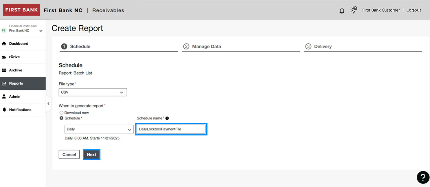First Bank online banking screen highlighting the Schedule name field.