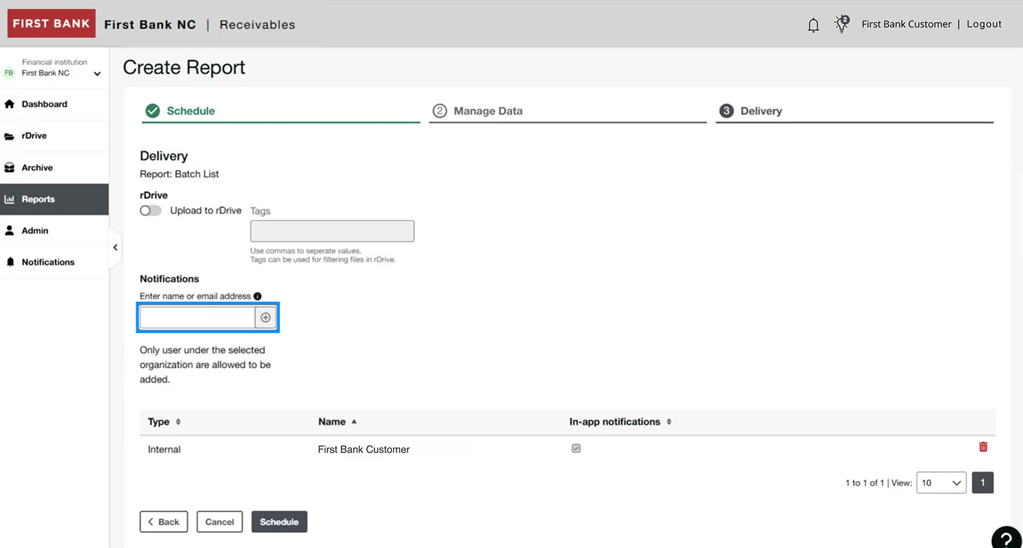 First Bank online banking screen highlighting the Notifications email field.
