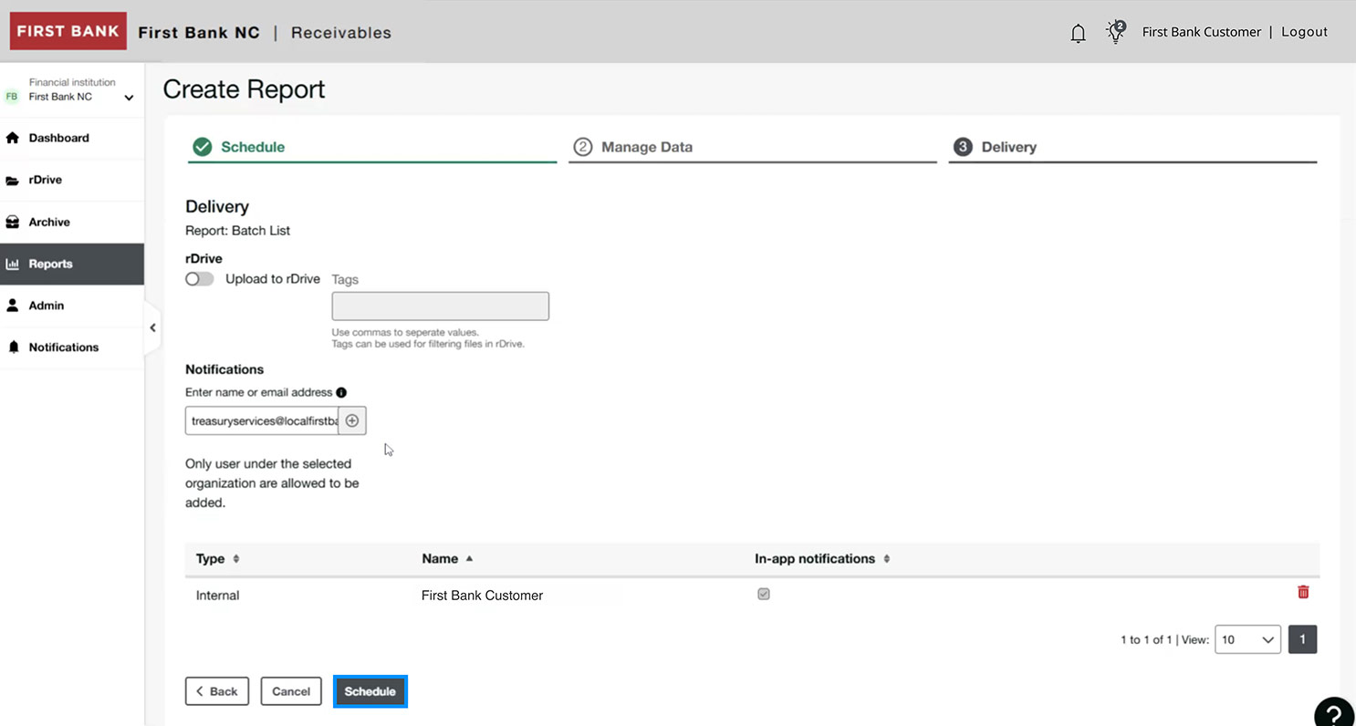 First Bank online banking screen highlighting the Schedule button.