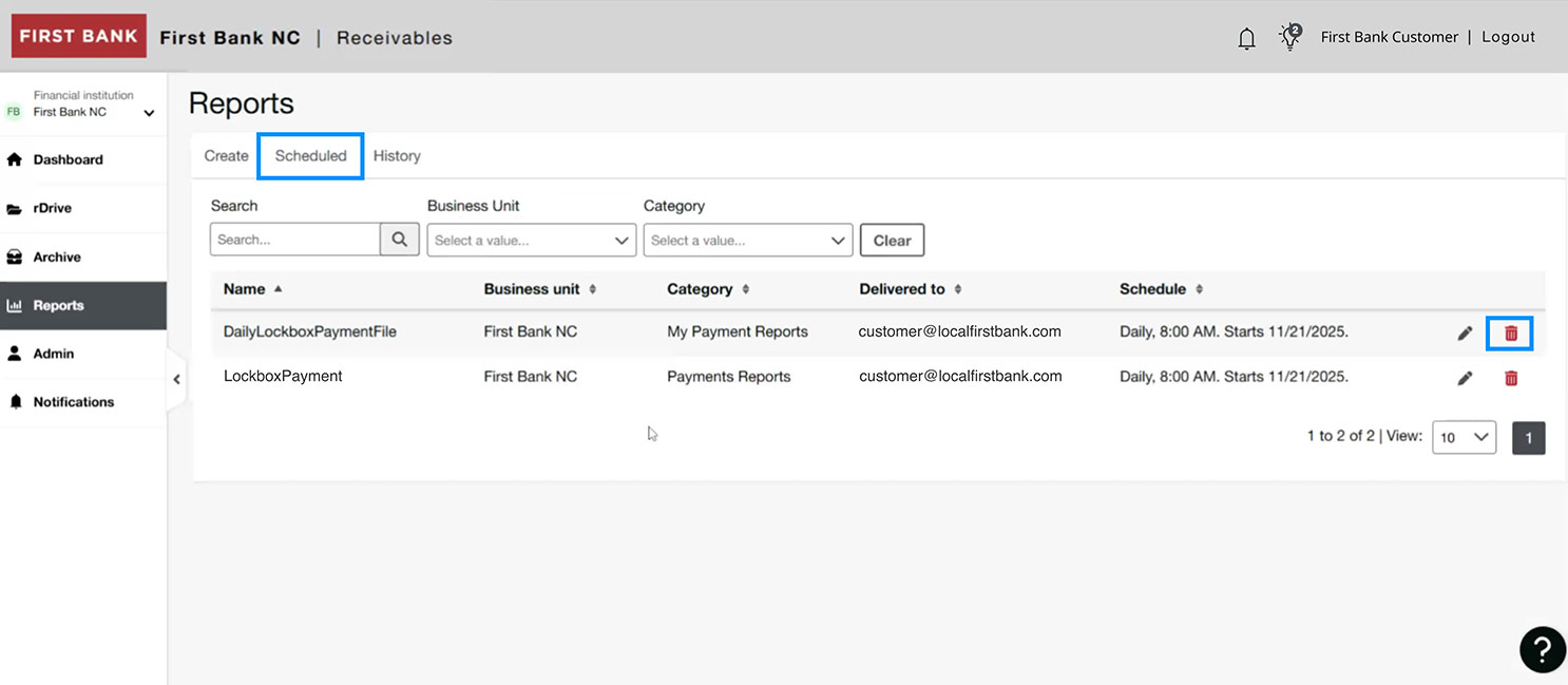 First Bank online banking screen highlighting the Scheduled tab and the delete icon.