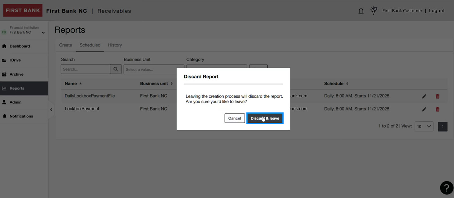 First Bank online banking screen highlighting the Discard & leave button of the deletion modal.