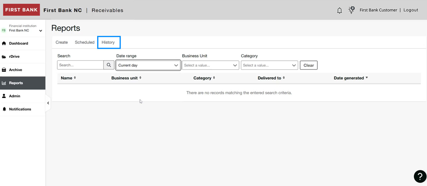 First Bank online banking screen highlighting the History tab.