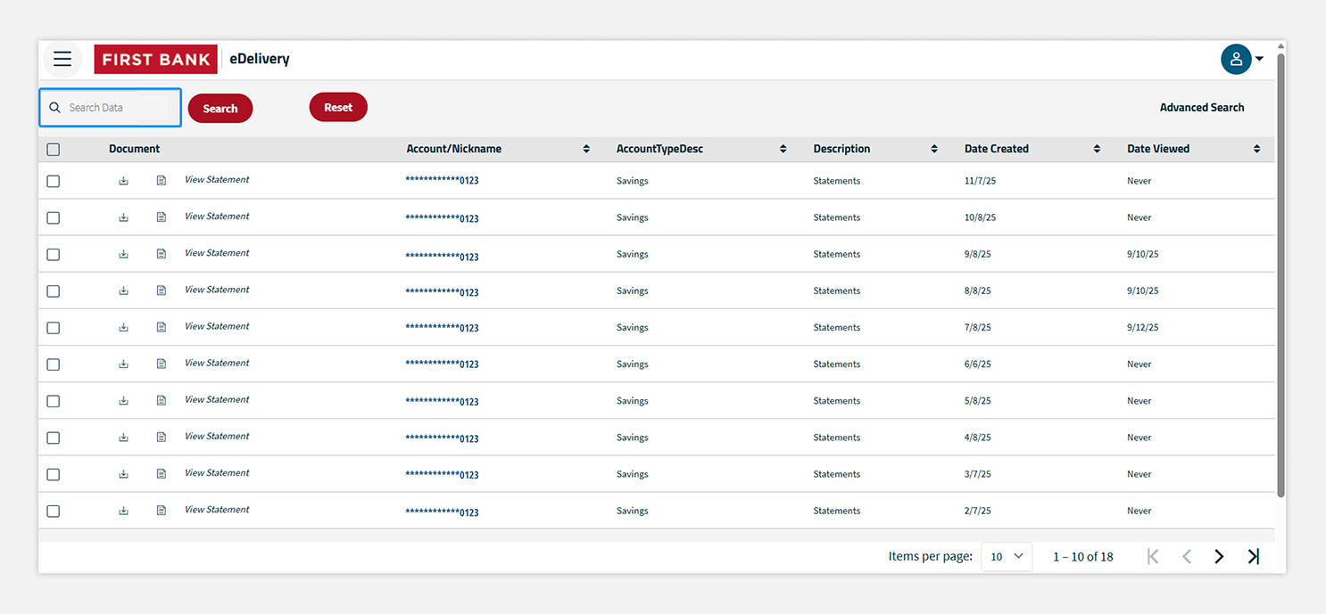 First Bank eStatements screen highlighting the search field.