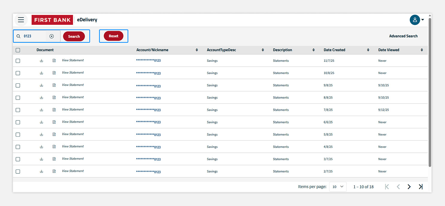 First Bank eStatements screen highlighting the quick search and reset buttons.