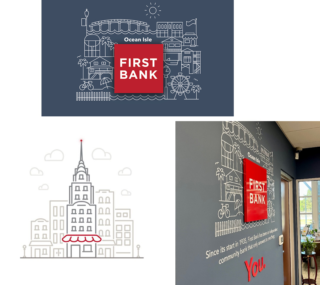 Examples of First Bank illustration pieces.