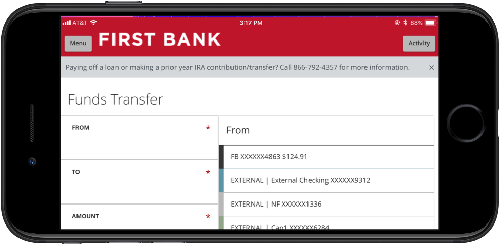 First Bank mobile banking app running on an iPhone.