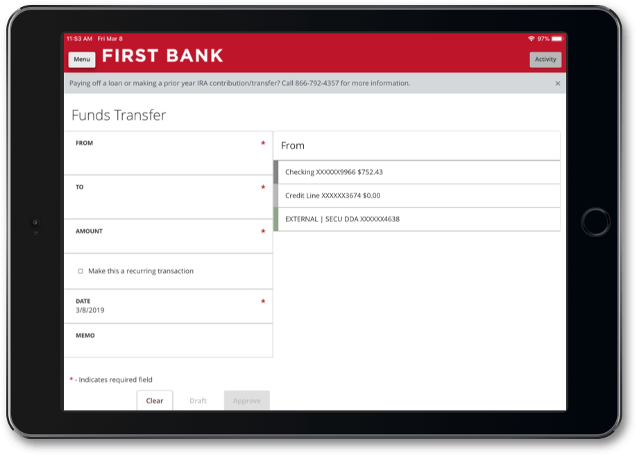 iPad showing Funds Transfer screen