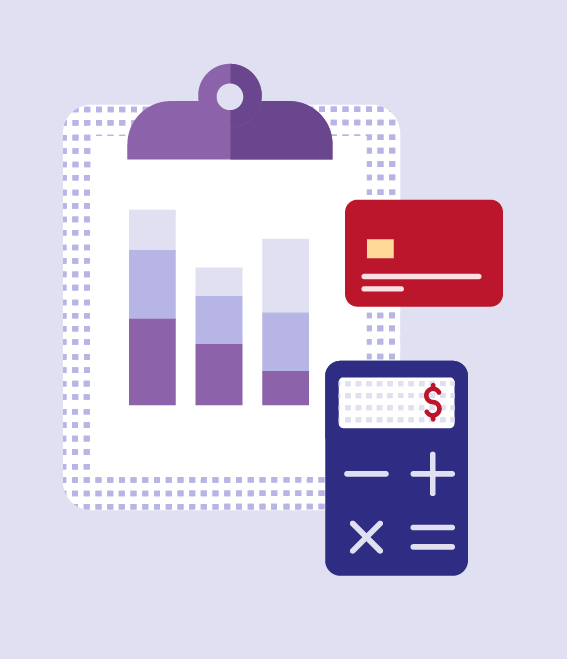 Illustration of clipboard with chart, credit card, and calculator.