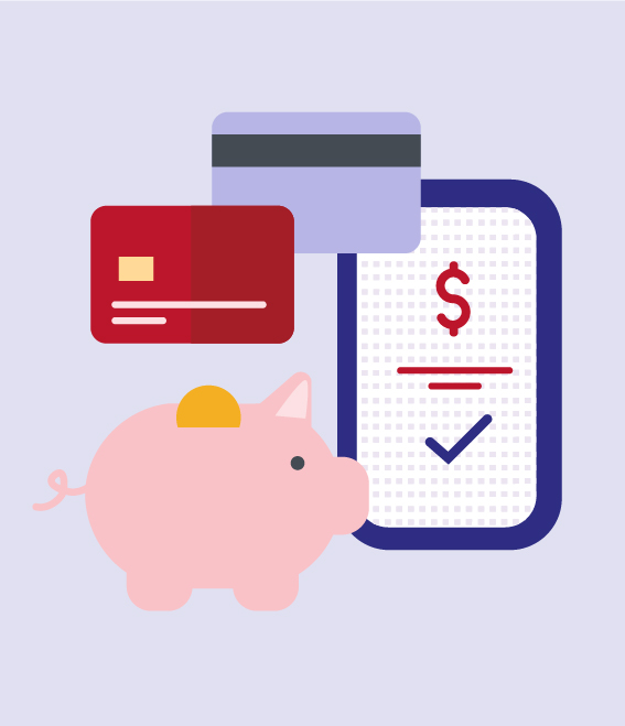 Illustration of credit cards, smartphone, and piggy-bank.